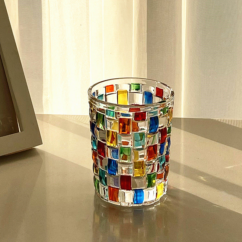 Colorful Mosaic Juice, Whiskey Glass, 270ml Hand-Painted Style Checkered Drinking Tumbler