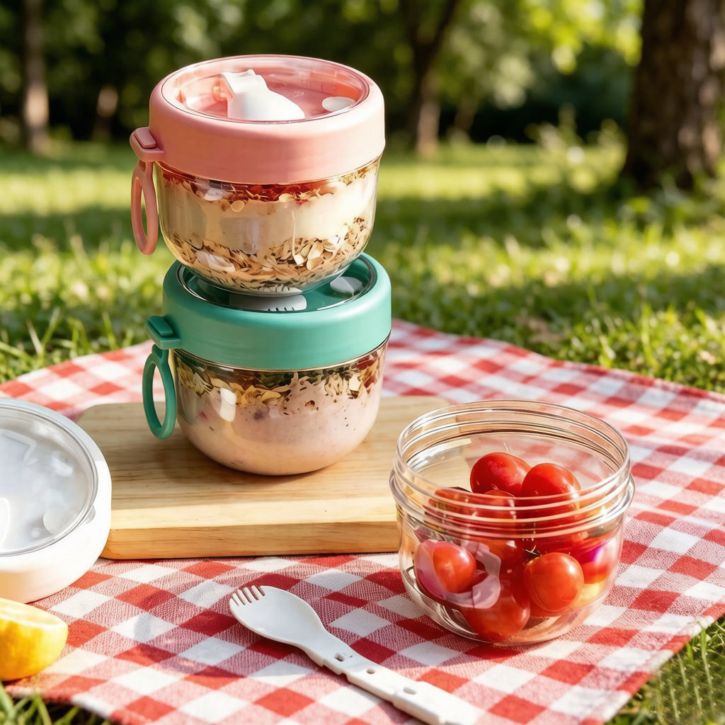 Portable Breakfast Oatmeal Cup with Spoon – 600ml Thickened PC Cereal Container with Lid & Handle for Yogurt, Fruit and Snacks