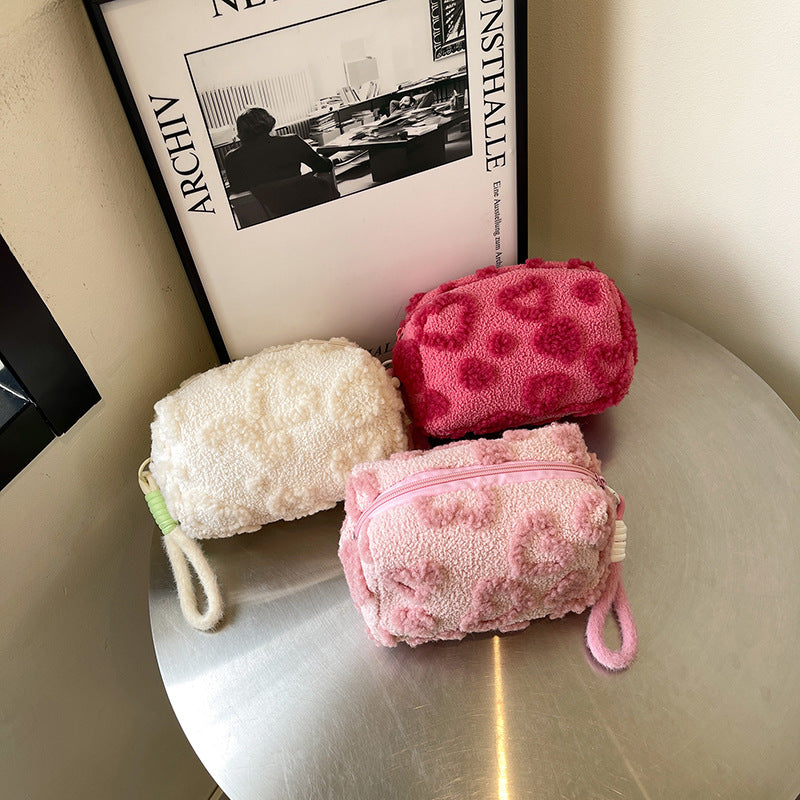 Plush Heart Cosmetic Bag with Wrist Strap and Zipper Closure