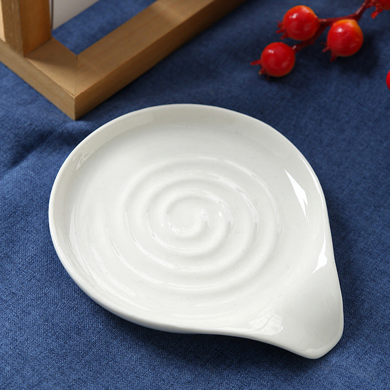 White Ceramic Spoon Rest Spiral Design Kitchen Utensil Holder Plate