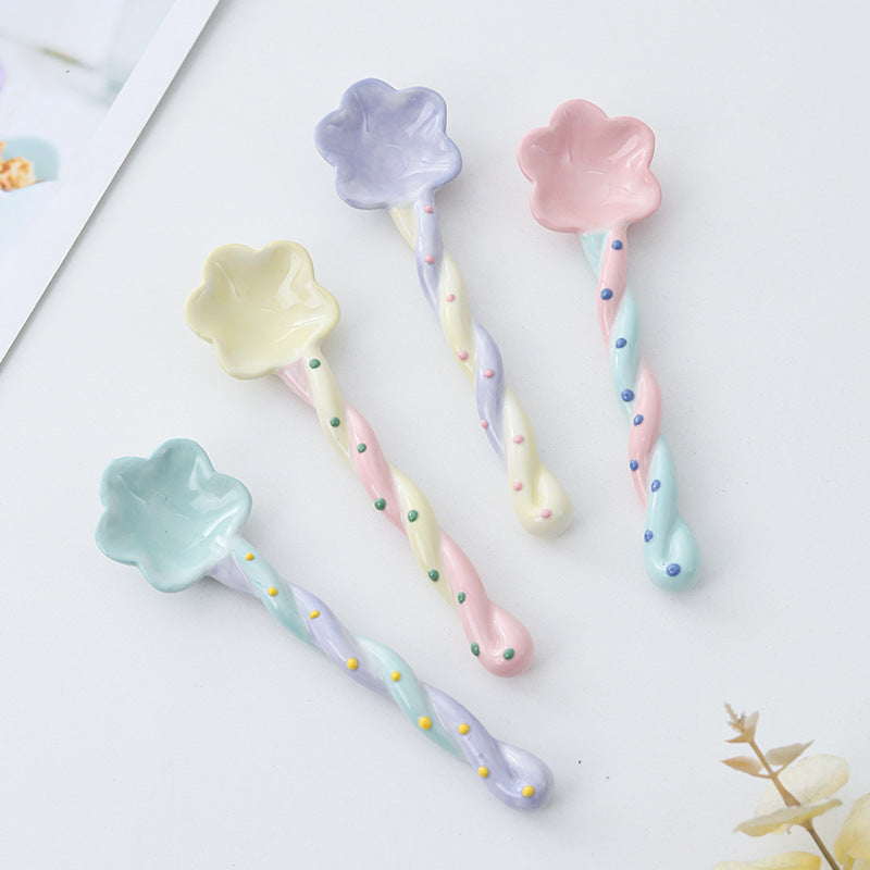 Ceramic Flower Spoon – Cute Twisted Handle Dessert Spoon for Kitchen & Dining