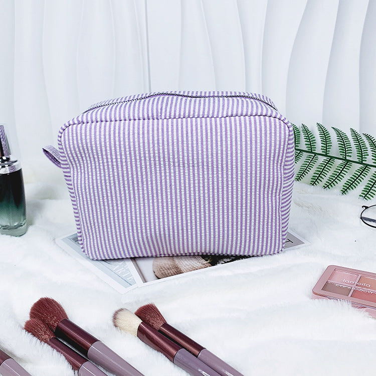 Striped Cotton Makeup Bag with Polyester Lining and Zip Closure