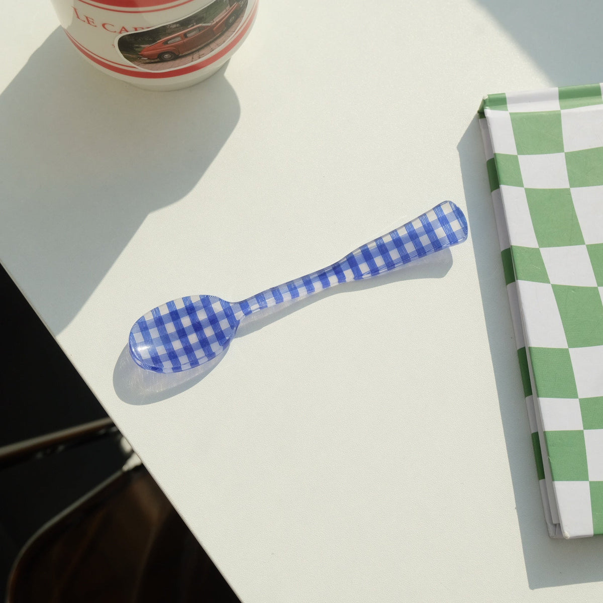 Vintage Blue Gingham Dessert Fork Spoon, French Style Plastic Utensil