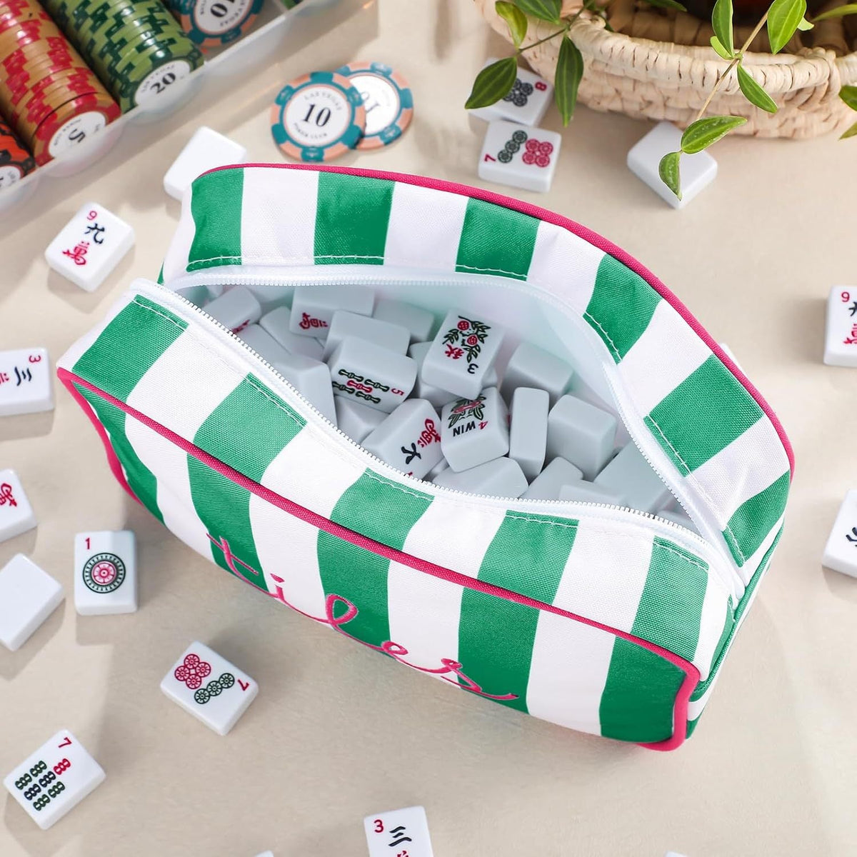 Striped Mahjong Tile Storage Bag with Embroidery and Tassel Zipper