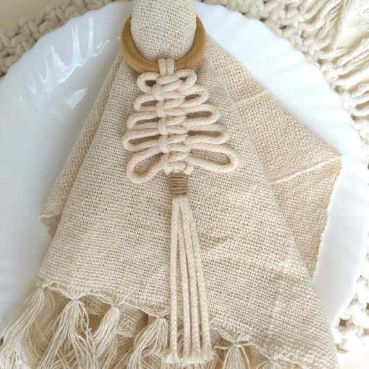 Macrame Napkin Ring โ HandโWoven Cotton Rope Napkin Holder with Wooden Ring for Table Decor