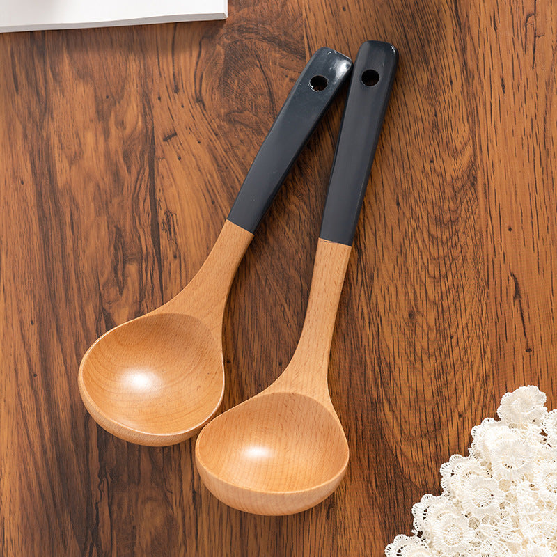 Beech Wood Kitchen Utensil Set – 3-Piece or 5-Piece Wooden Cooking Tools, Black Handle Spatula, Spoon & Ladle Set