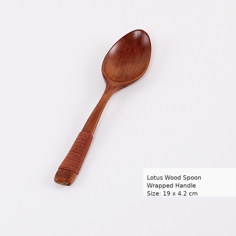 Wooden Spoon with Wrapped Handle, Natural Wood Soup Spoon, Coffee Brown Kitchen Utensil, Rustic Dining Tableware