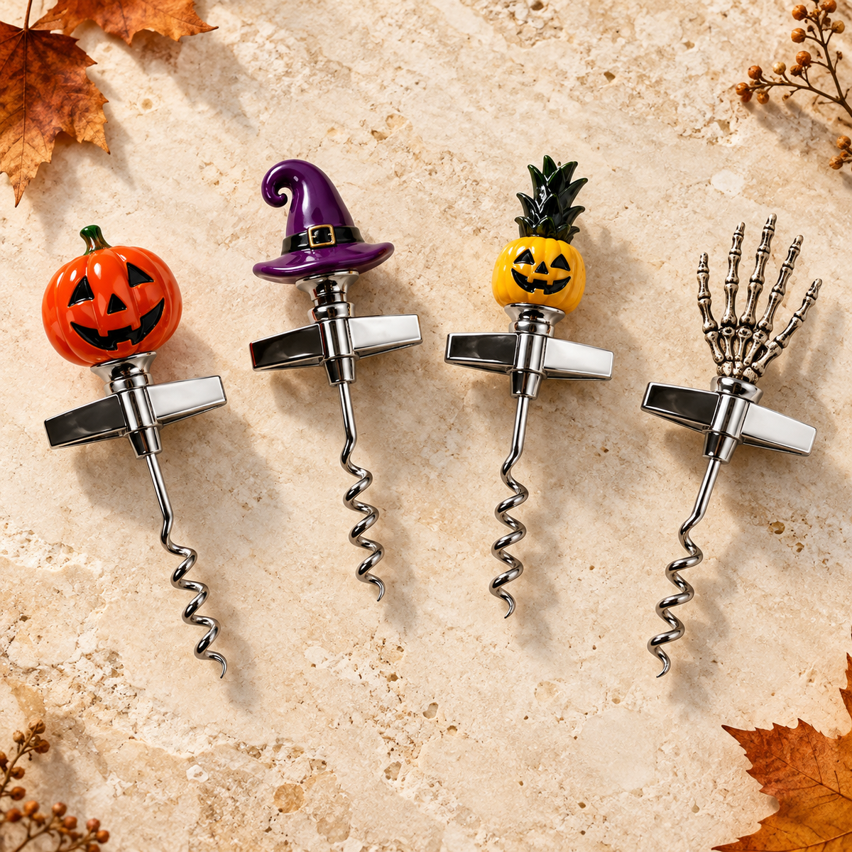Halloween Wine Corkscrew, Novelty Bottle Opener with Pumpkin Witch Hat and Skeleton Designs, Spooky Party Bar Accessories