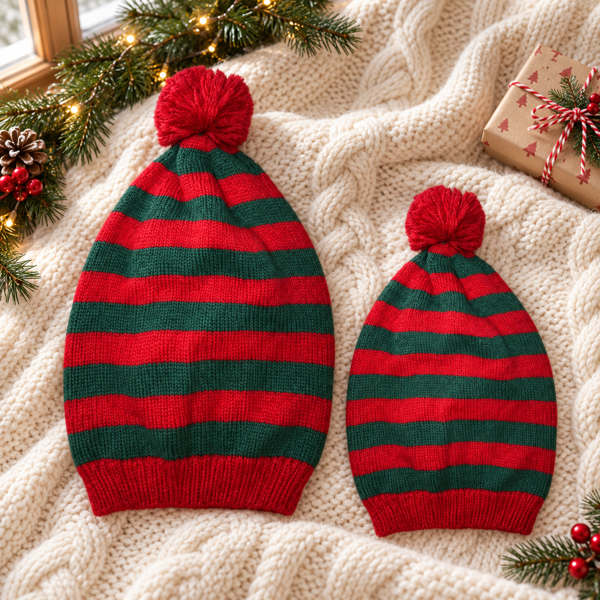 Christmas Striped Knit Beanie with Pom Pom, Festive Winter Hat