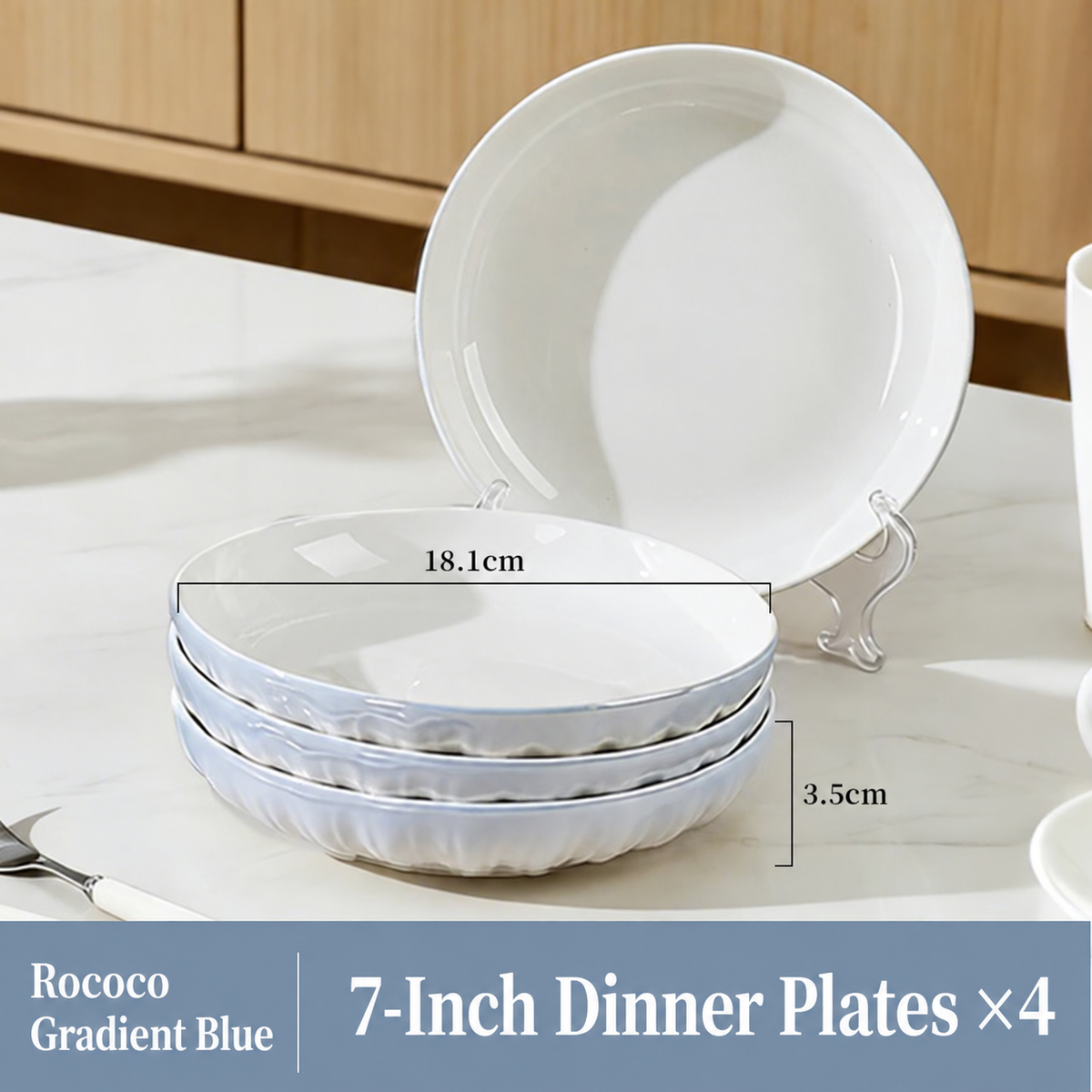 7 Inch Ceramic Dinner Plates Set of 4 – White Porcelain Dessert Plates with Elegant Ripple Edge Design for Kitchen, Dining & Home Decor