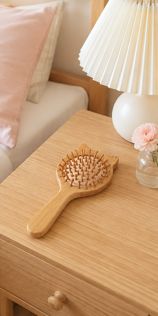 Cat Ear Bamboo Scalp Massage Hair Brush โ Rounded Pins Gentle Detangling Wooden Paddle Brush