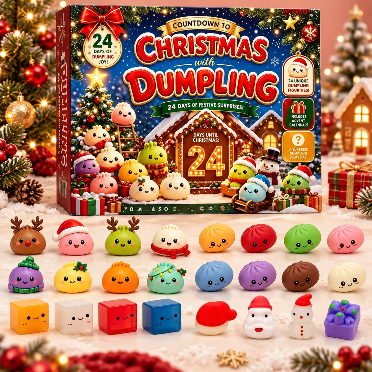 Christmas Dumpling Squishy Advent Calendar, 24-Piece TPR Sensory Toy Set with Festive Characters
