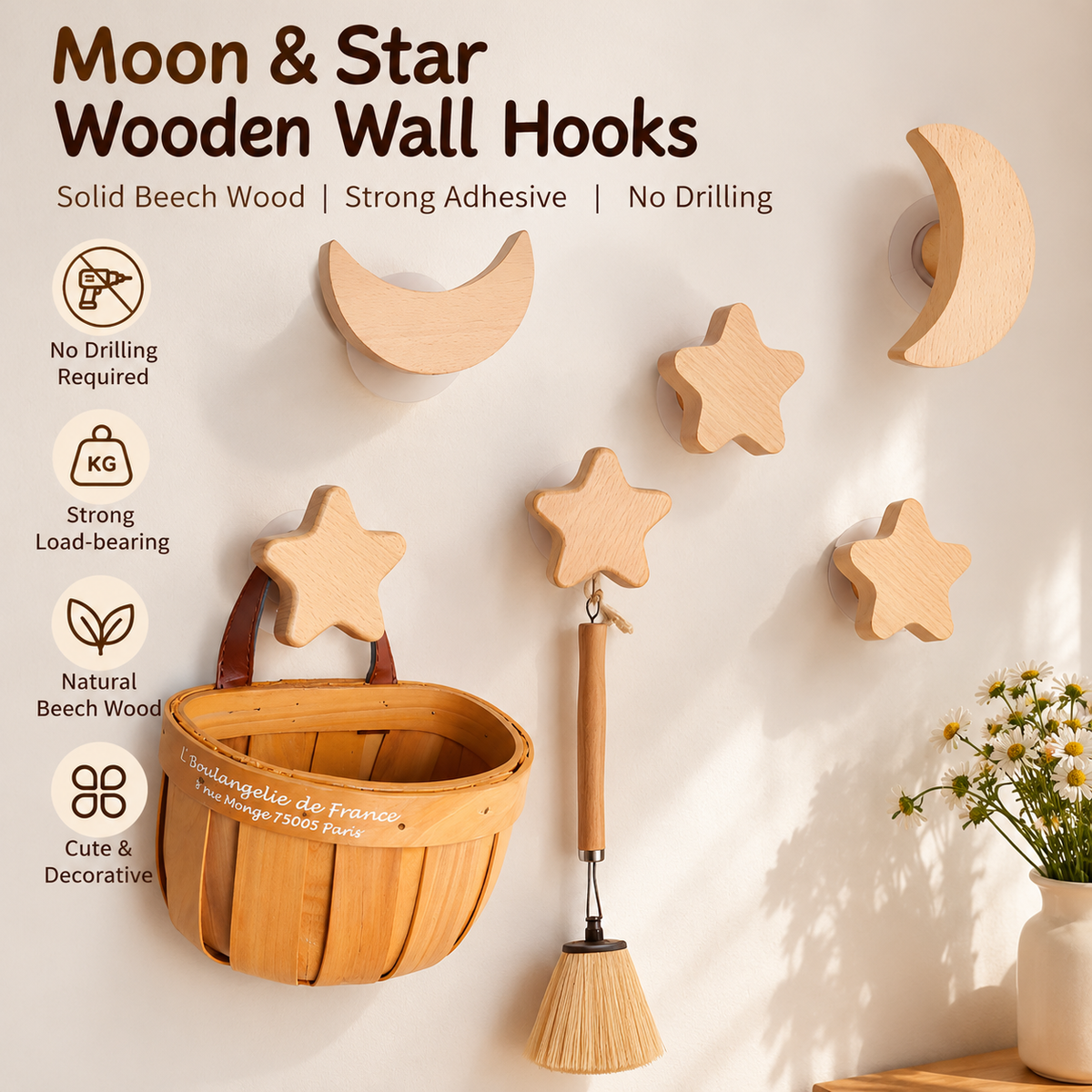 Solid Wood Wall Hook Moon Star Decorative No Drill Coat Hat Hook Cabinet Door Knob