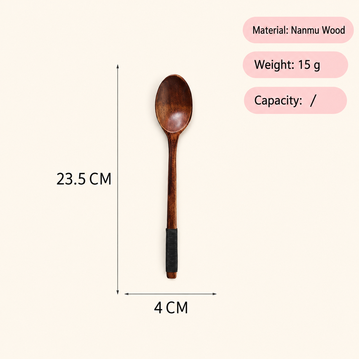 Natural Nanmu Wood Spoon Long Handle Wrapped Grip Wooden