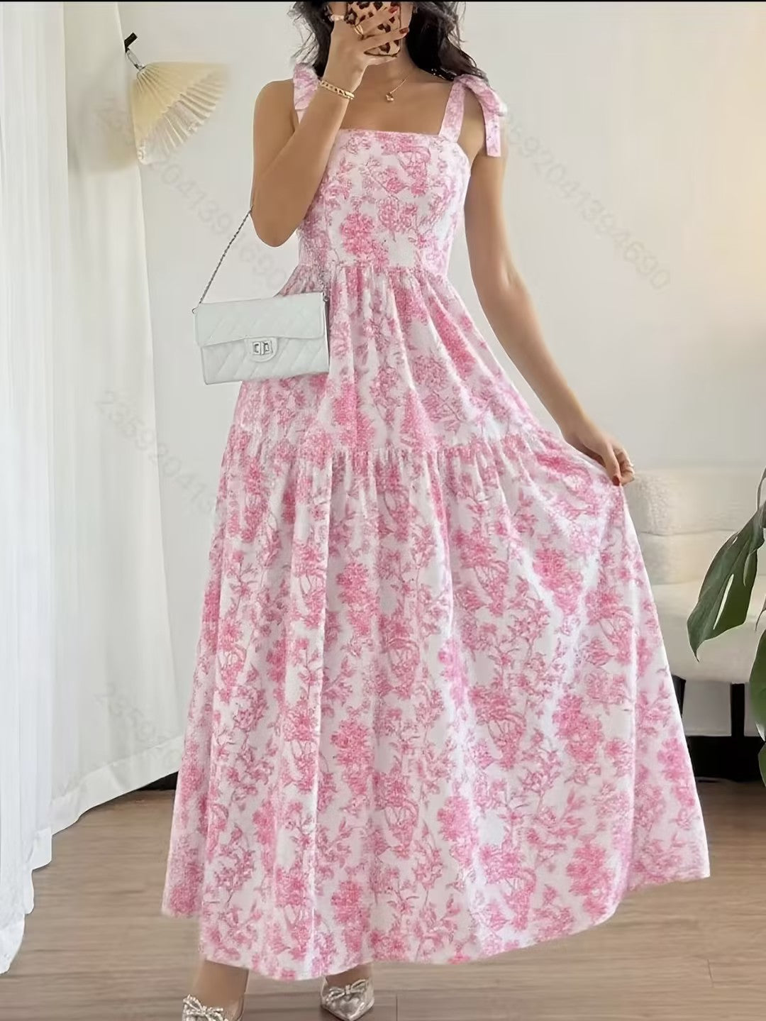 Floral Print Maxi Dress – Blue & White Spaghetti Strap Dress
