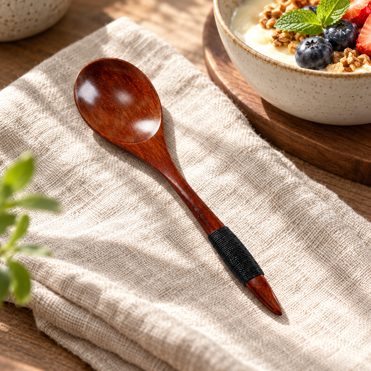 Wide Bowl Nanmu Wood Spoon with Black Cord Handle