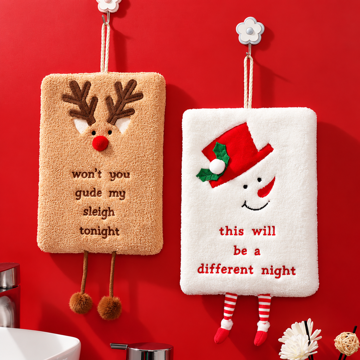 Christmas Hanging Hand Towel Plush Coral Fleece Santa Reindeer Kitchen Towel