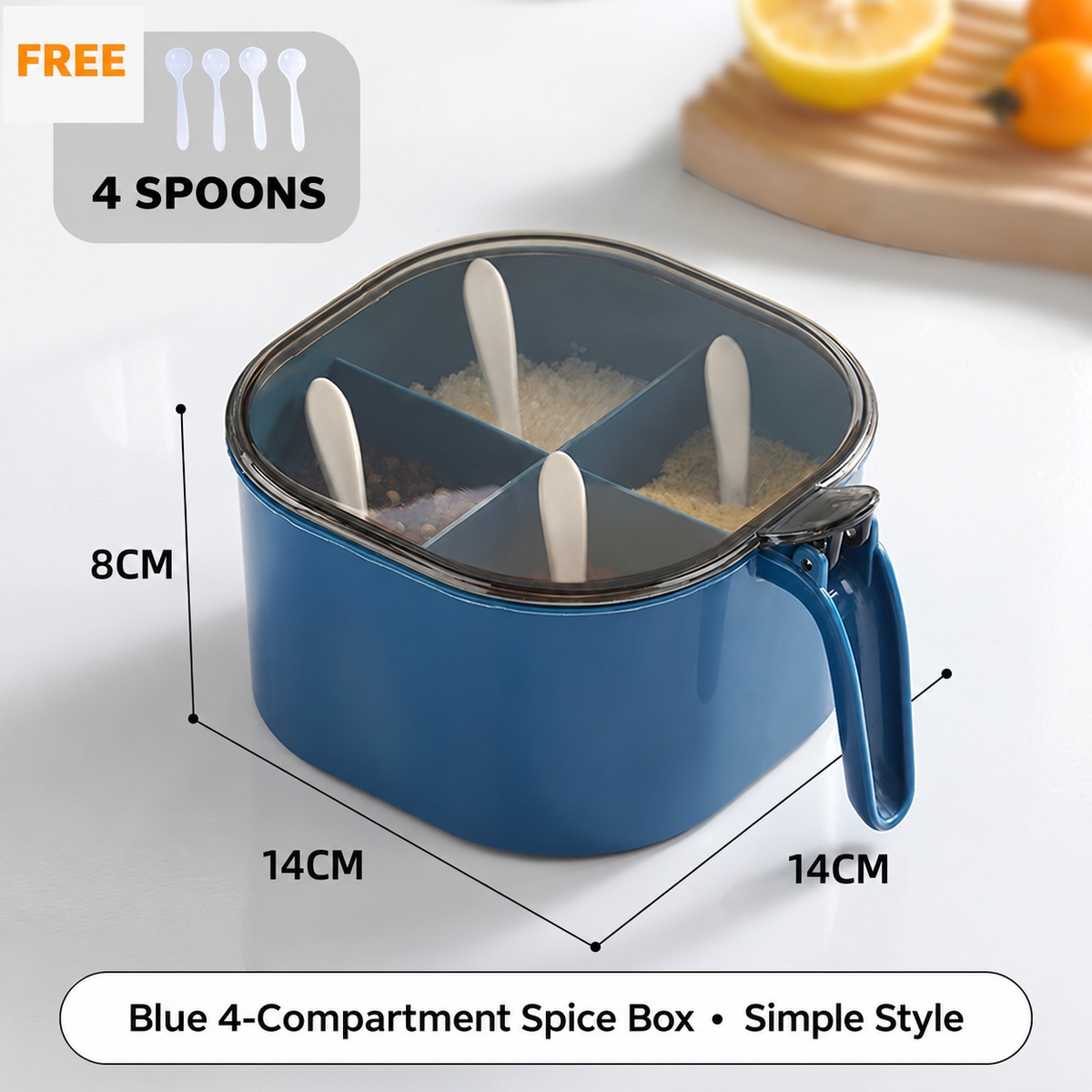 4 Compartment Seasoning Storage Container with Clear Lid and Spoons Kitchen Spice Organizer