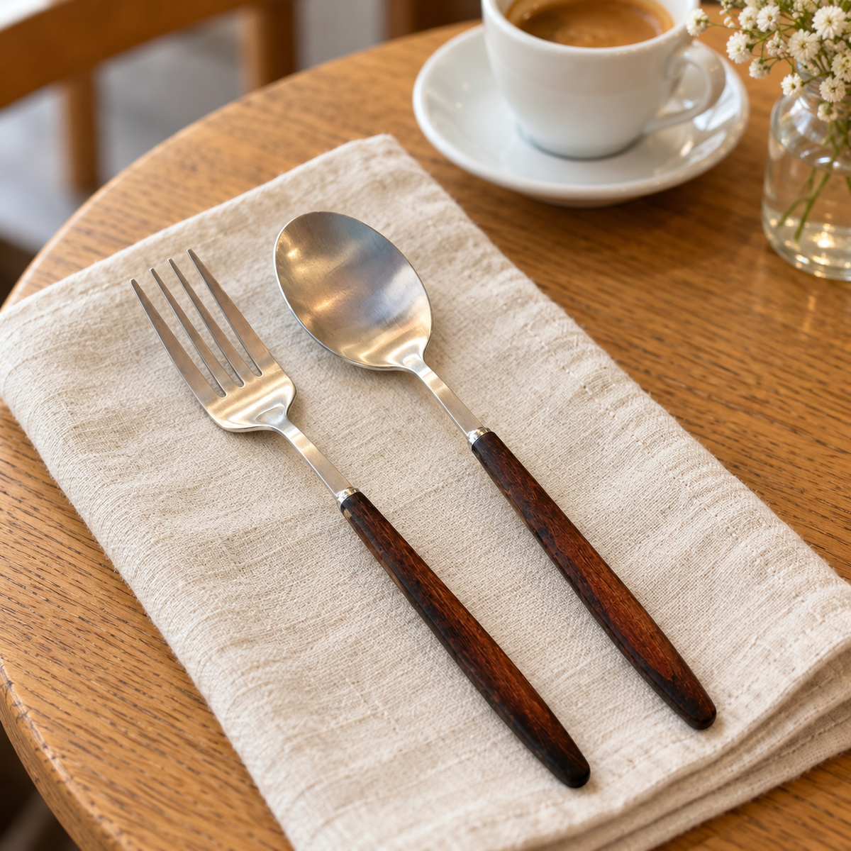 Dark Wood Look Handle Dining Fork and Spoon