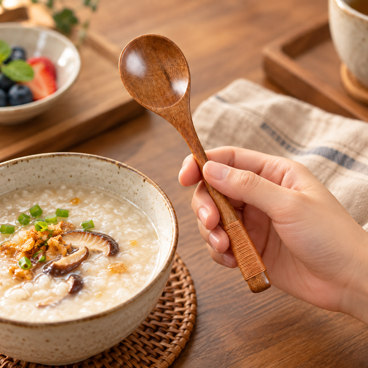 Nanmu Wood Dining Spoon with Cord Wrapped Handle