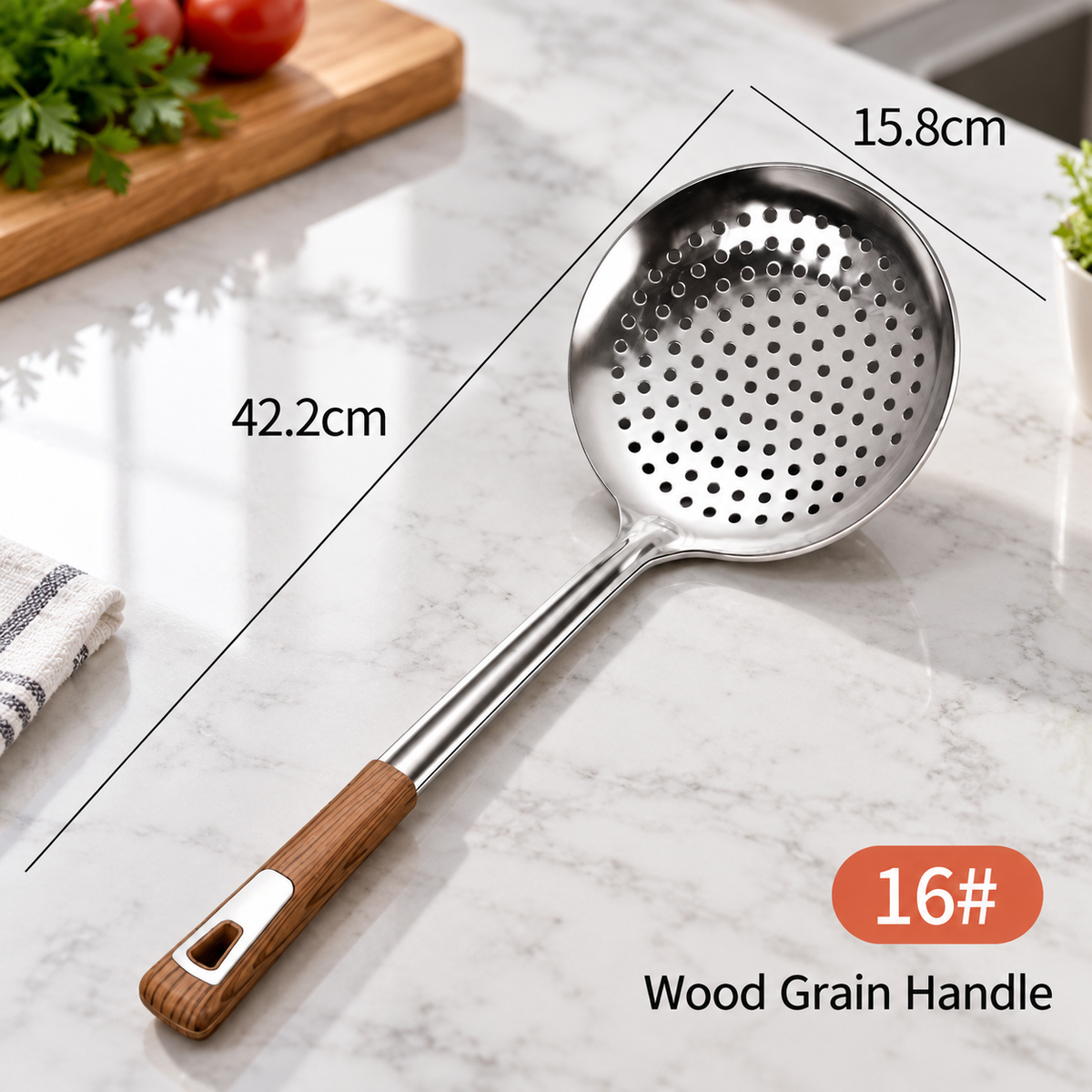 Heavy Duty Stainless Steel Skimmer Spoon with Wood Grain Handle