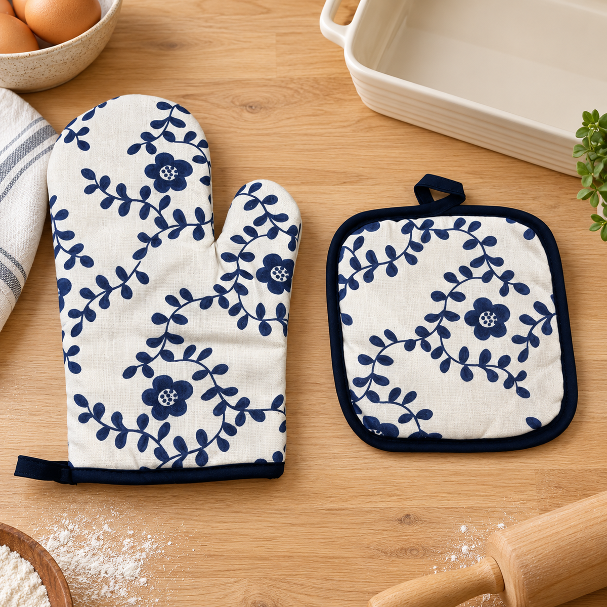 Floral Oven Mitt and Pot Holder Set in Three Designs