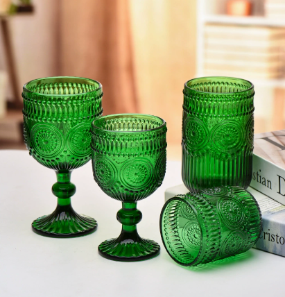 Dark Green Vintage Ribbed Glass Drinking Cup