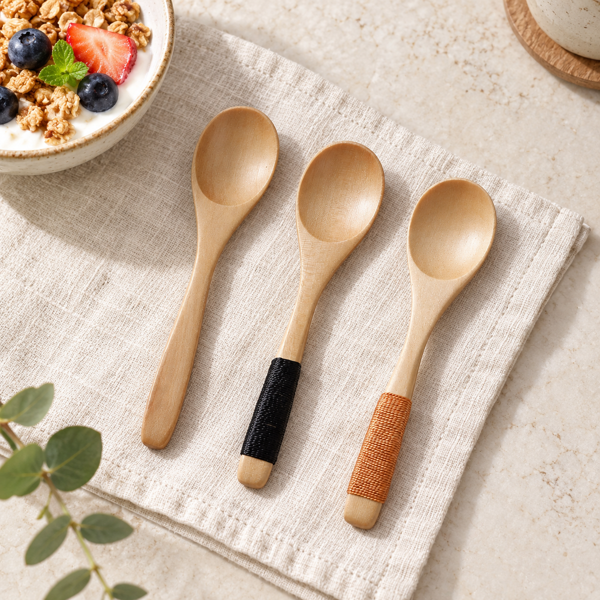 Natural Wood Dessert Spoon with Plain or Cord Wrapped Handle
