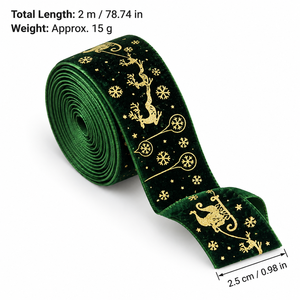 Christmas Velvet Ribbon with Gold Reindeer and Snowflake Print