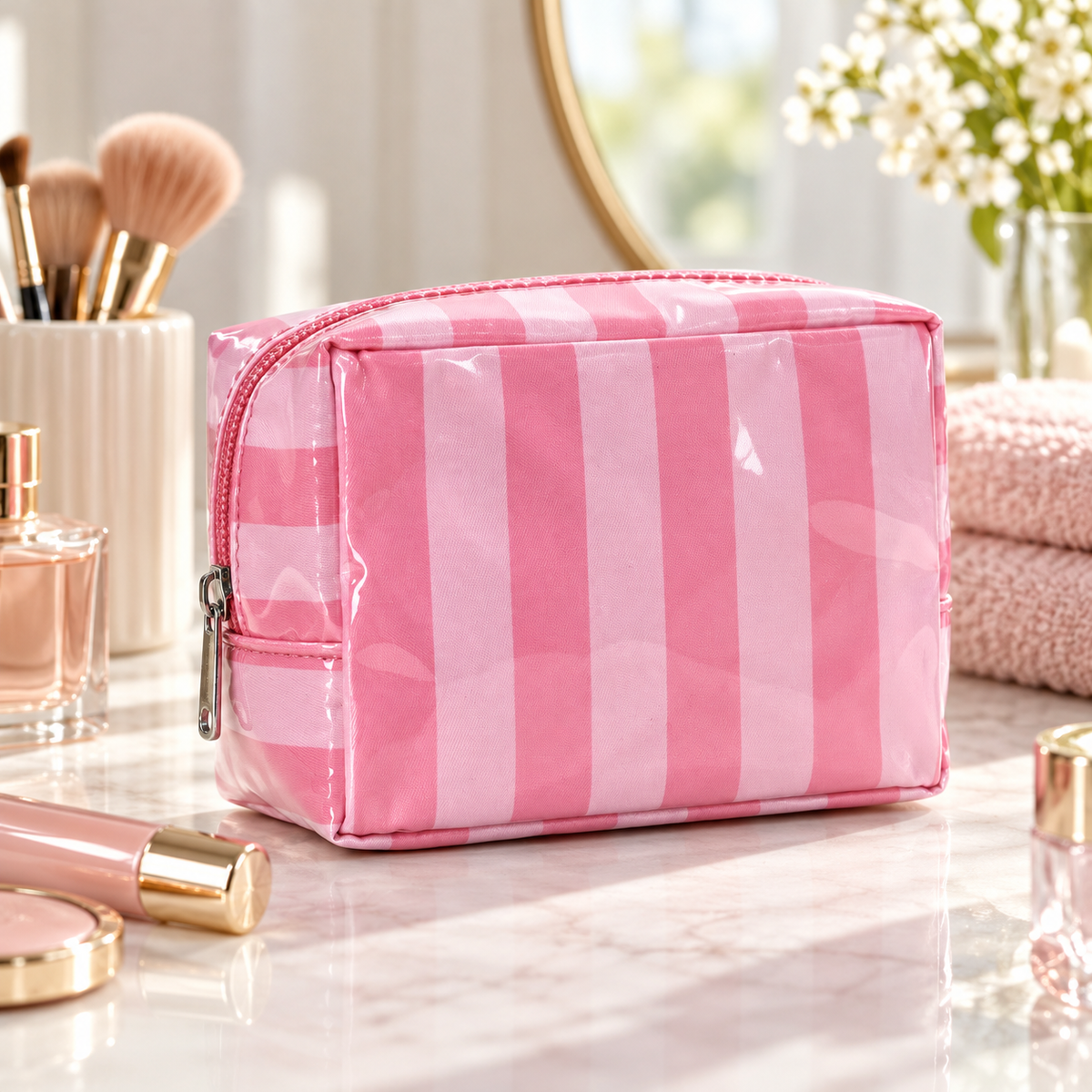 Striped Waterproof PVC Zip Pouch for Cosmetics and Small Essentials