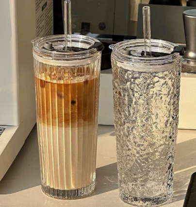 Clear Ribbed Glass Coffee Cup with Lid