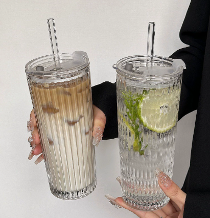 Clear Ribbed Glass Coffee Cup with Lid