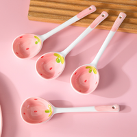 Cute Strawberry Ceramic Soup Spoon – Long Handle Japanese Style Spoon for Soup, Rice, Desserts & Everyday Dining
