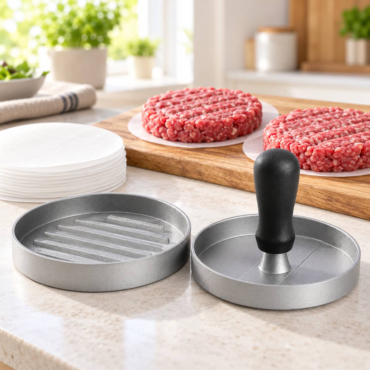 Manual Hamburger Patty Press with 100 Patty Papers