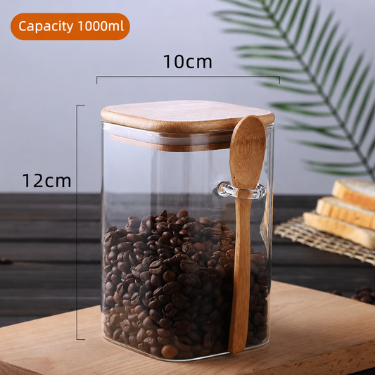 Glass Storage Jar with Bamboo Lid – High Borosilicate Spice Container with Scoop
