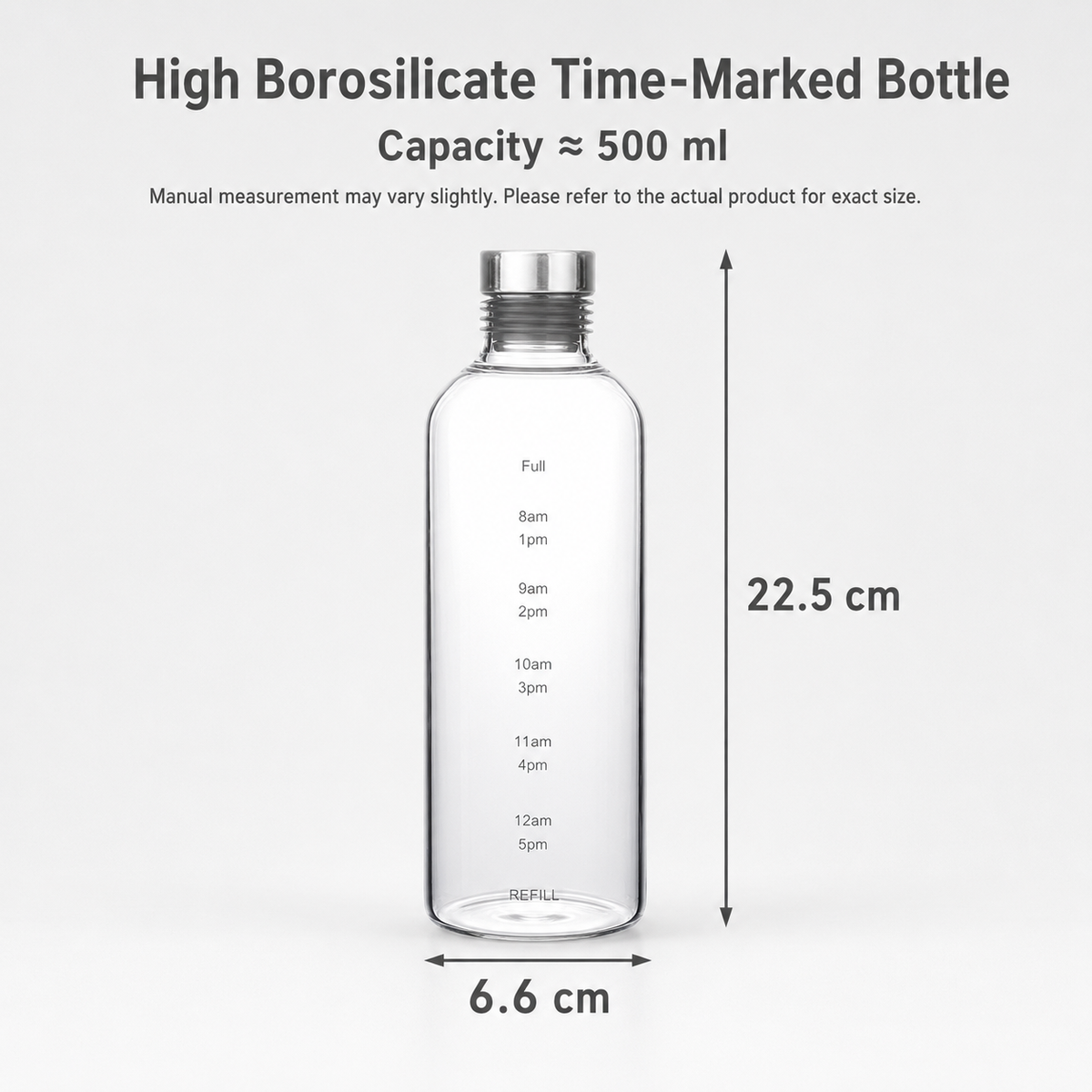 High Borosilicate Glass Water Bottle With Time Markings – Airtight Leakproof Clear Glass Drinks Bottle