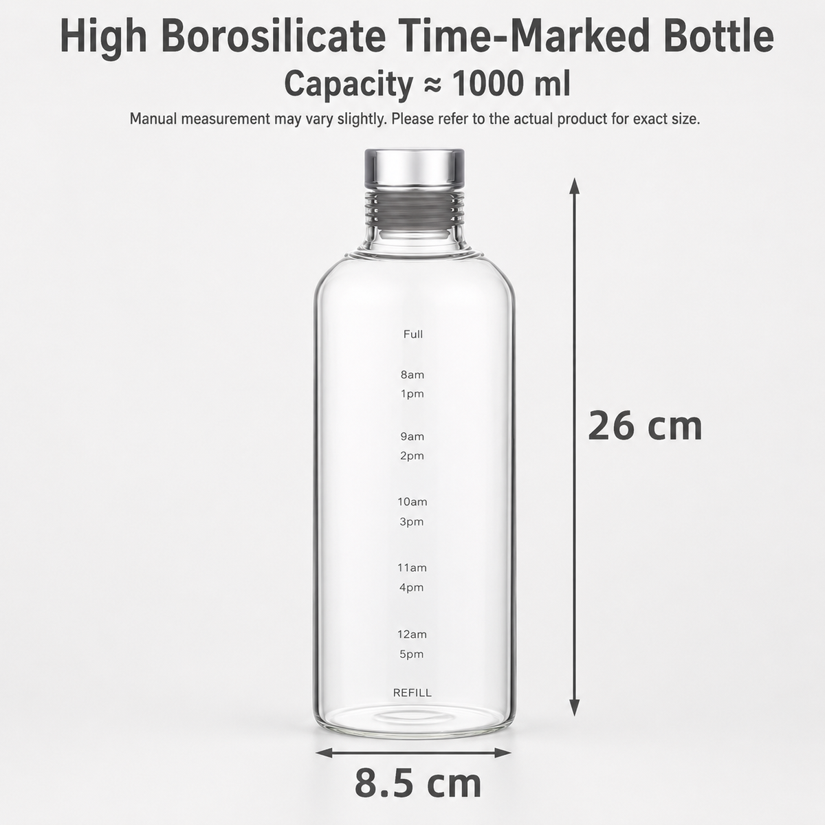 High Borosilicate Glass Water Bottle With Time Markings – Airtight Leakproof Clear Glass Drinks Bottle