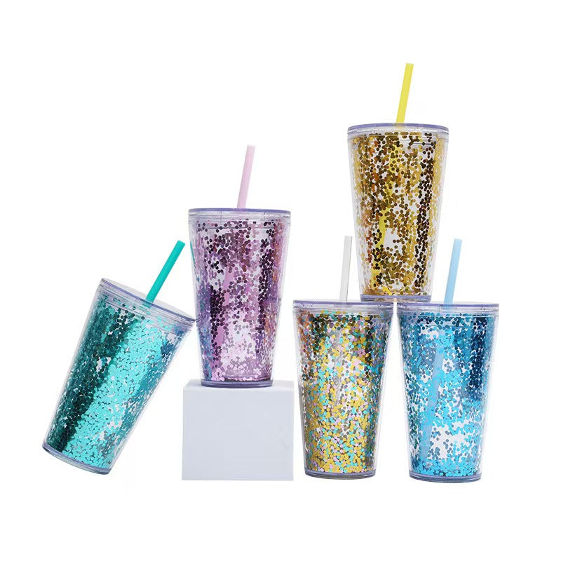 16oz Glitter Double Wall Tumbler with Straw