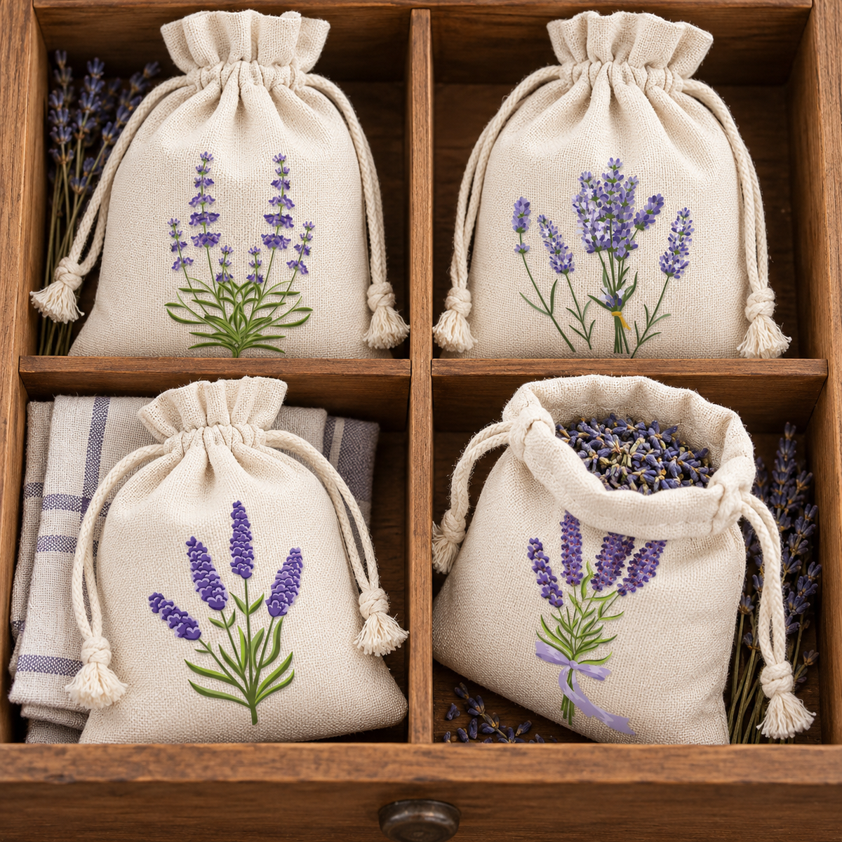 Lavender Print Cotton Drawstring Gift Pouch in Four Designs