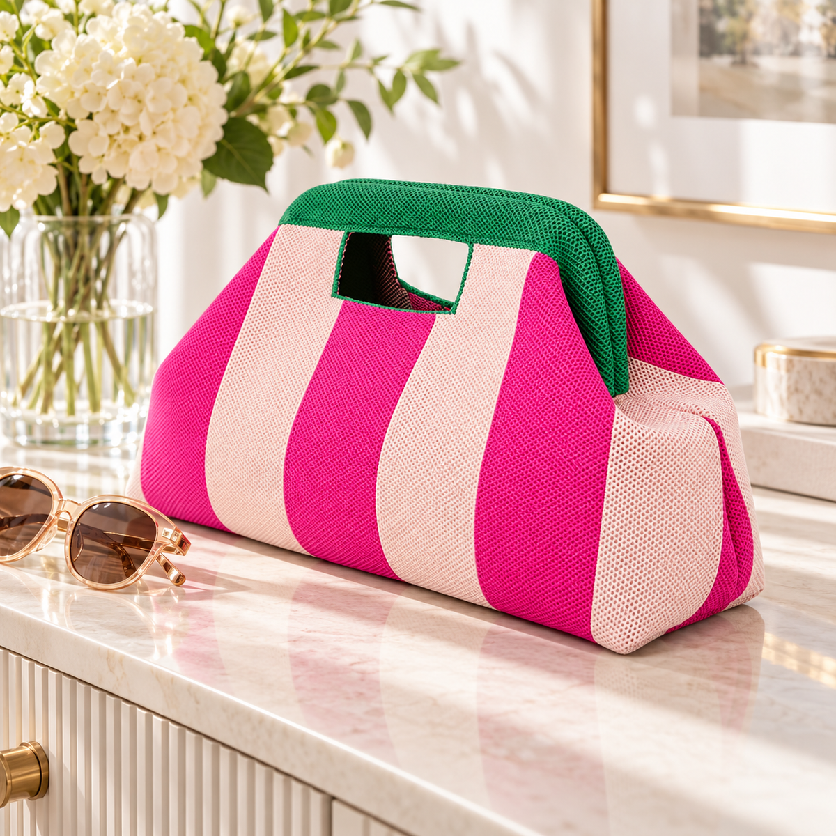 Striped Polyester Handbag with Cutout Carry Handles