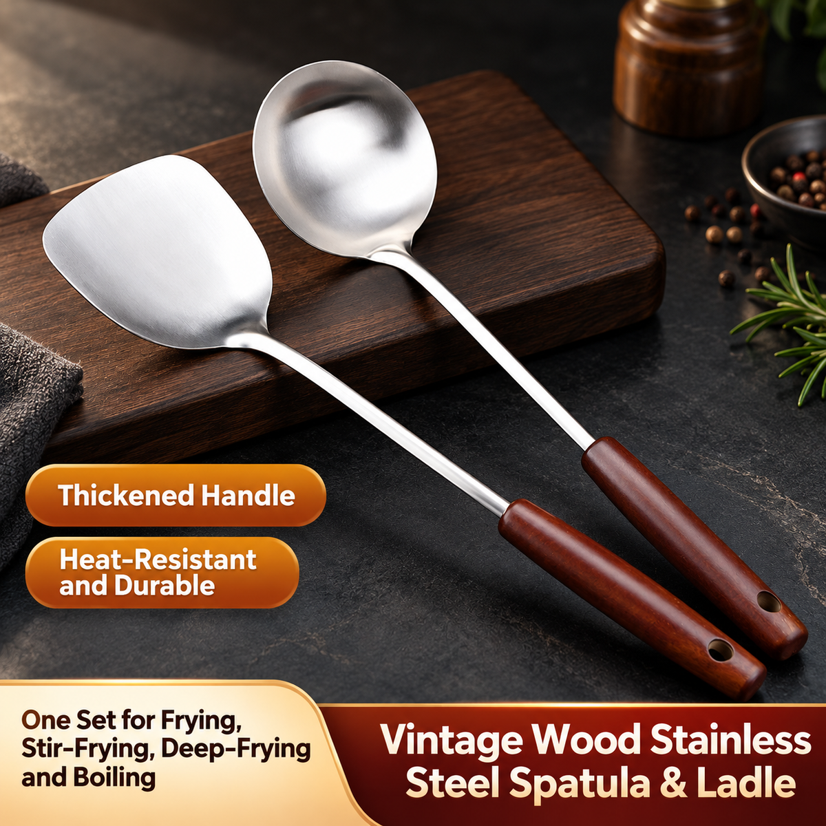 Stainless Steel Wok Spatula or Ladle with Wooden Handle