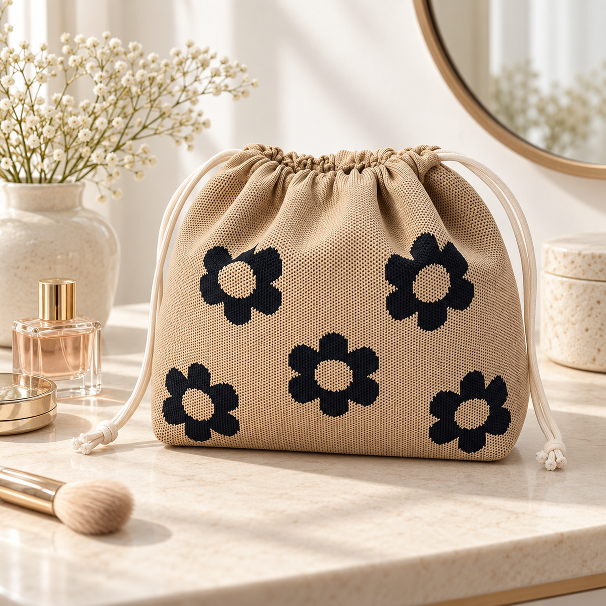 Floral Drawstring Makeup Bag and Travel Storage Pouch