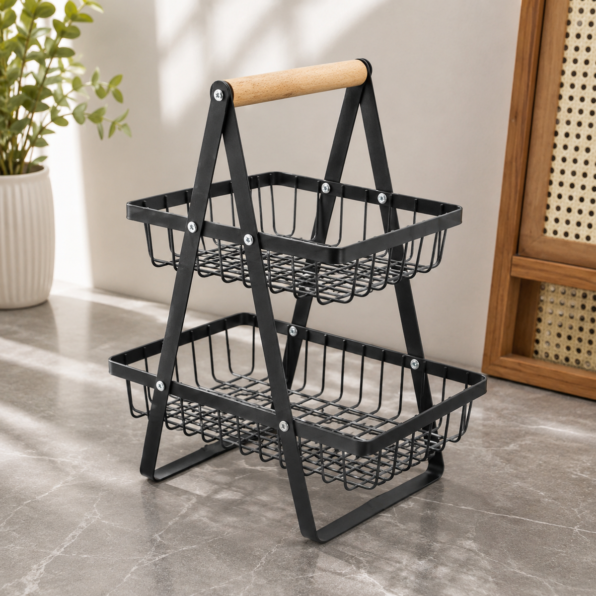 Wood and Metal Tiered Storage Basket – 2-Tier or 3-Tier