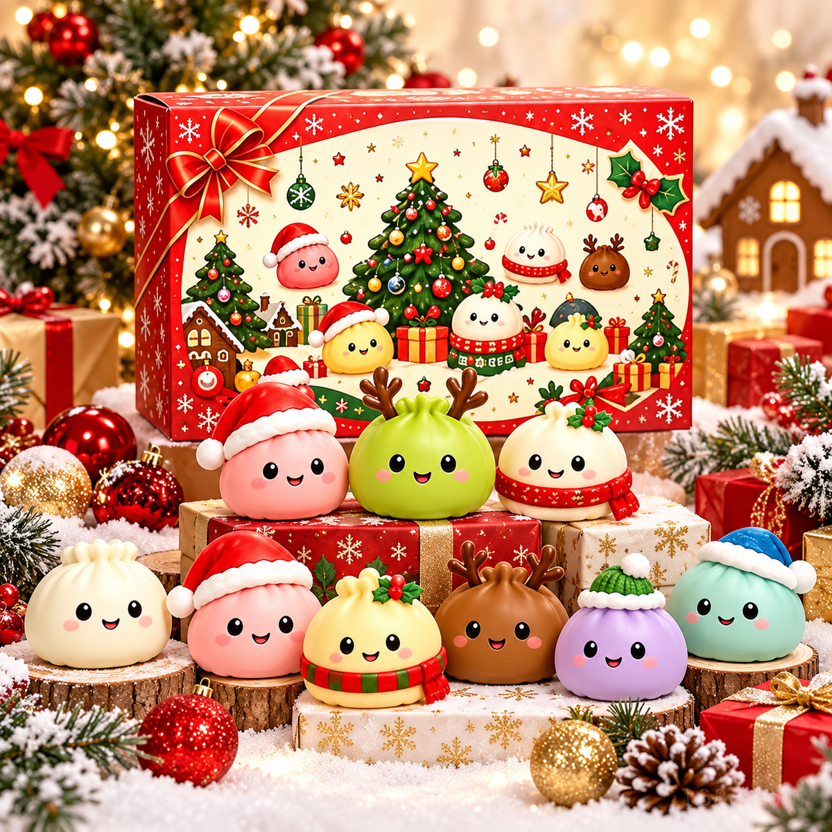 Christmas Dumpling Squishy Advent Calendar, 24 Day Mystery Toy Gift Box, Cute Kawaii Stress Relief Toys