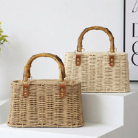 Minimalist Woven Straw Mini Square Bag – Medium Size Handbag with Stitching Detail