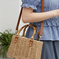 Minimalist Woven Straw Mini Square Bag – Medium Size Handbag with Stitching Detail