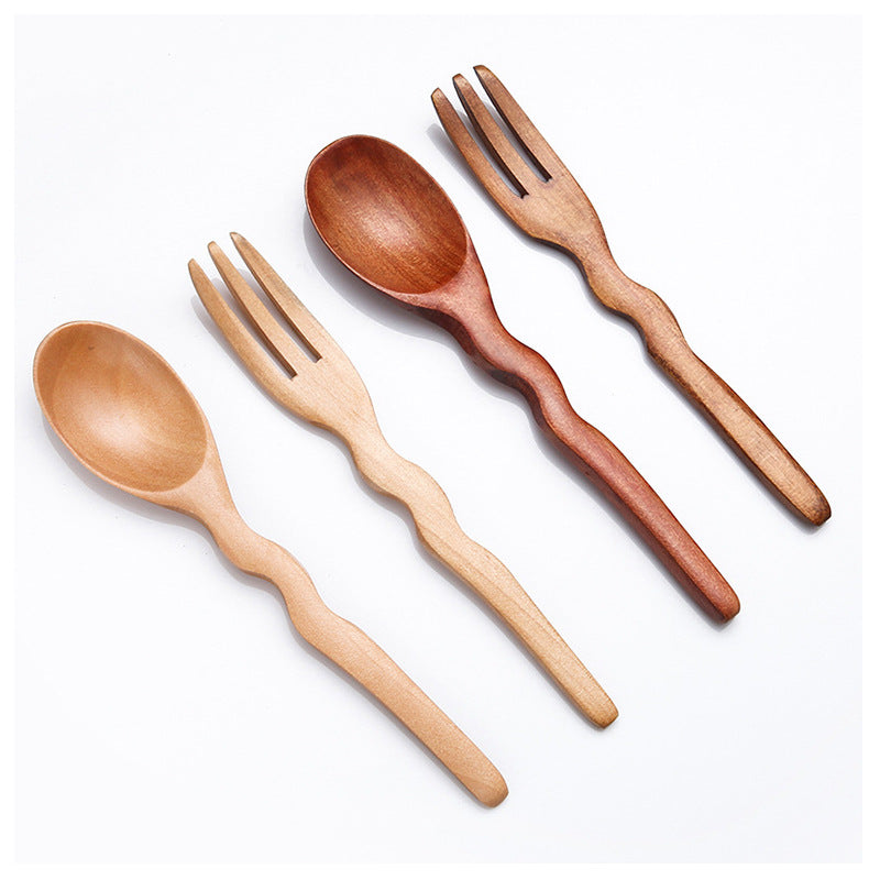 Wooden Dessert Fork and Spoon with Curved Handles in Two Finishes