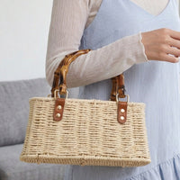 Minimalist Woven Straw Mini Square Bag – Medium Size Handbag with Stitching Detail