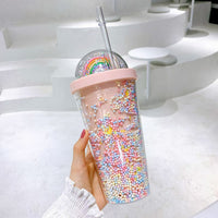 Rainbow Bubble Straw Cup 550ml – Cute Summer Portable PS & Silicone Tumbler with Straw for Girls