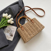 Minimalist Woven Straw Mini Square Bag – Medium Size Handbag with Stitching Detail